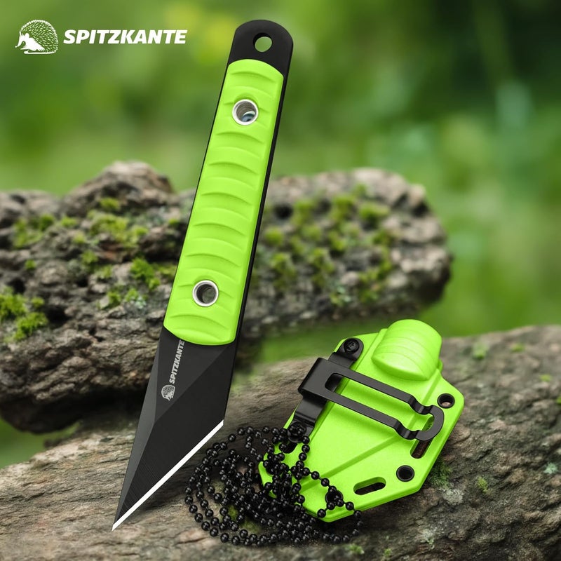 SPITZKANTE 5.79" Compact Neck Knife, Full Tang Fixed Blade Kiridashi Knife with Neon Green Sheath, 5Cr14MoV Stainless Steel, Outdoor Tool for Hiking, Camping - Image 2